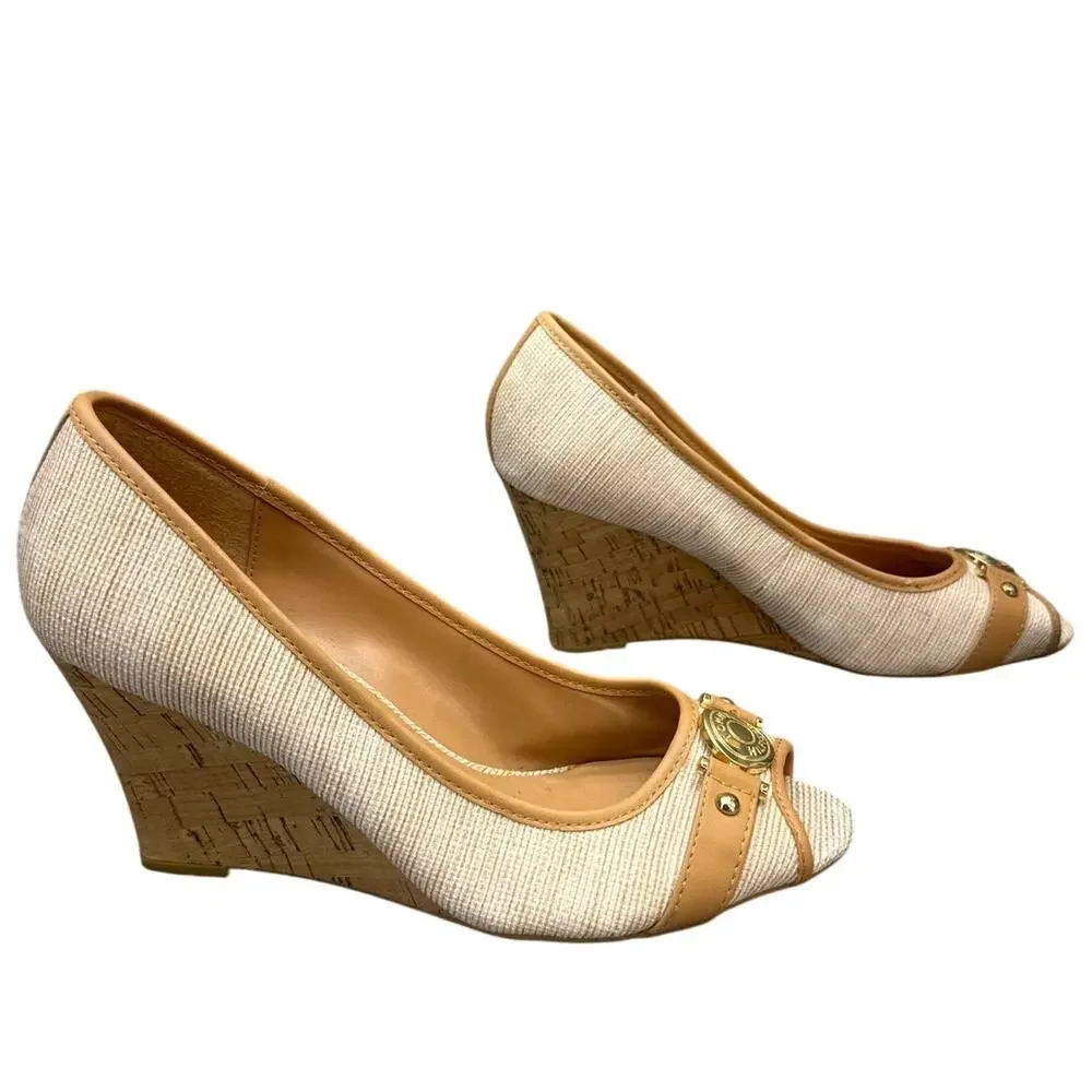 Tommy Hilfiger Tatiana Tweed Gold Brand Logo Cork Wedge Peep Toe Pumps Women 8.5